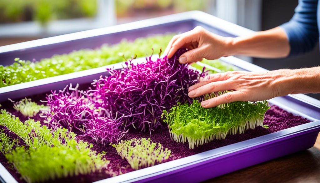 harvesting red cabbage microgreens